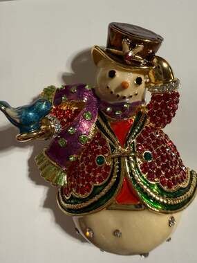 Jay Strongwater Swarovski Crystal Enameled Snowman Brooch with Bird